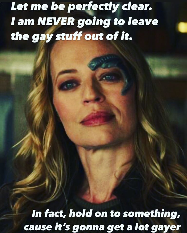 This meme features a screenshot from the TV show "Supergirl" with actress Laura Vandervoort's character, Cat Grant, looking shocked. The text overlayed on the image reads: "Let me be clear. I am never going to leave the gay stuff out. I am never going to leave the gay stuff out."